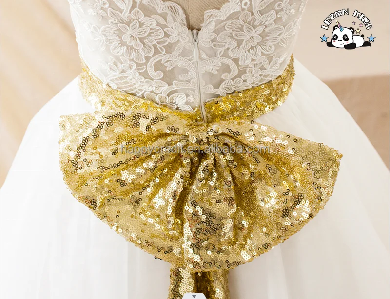 LEZONKIDS - Vestidos de Noiva para Meninas sem Mangas Brancos com Renda e Lantejoulas com Laço para Venda por Atacado